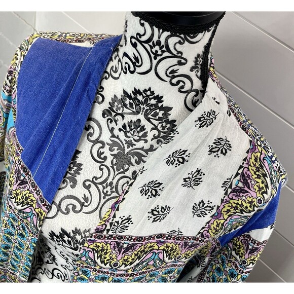 CHICO'S Patchwork Graphic Linen Duster Jacket Kimono 12/14 Womens Artsy Boho - Picture 5 of 16